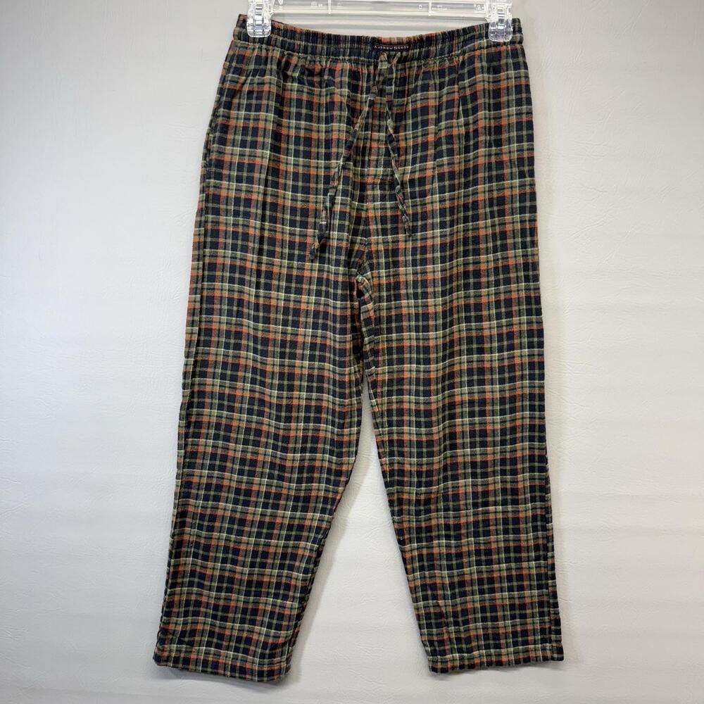 Andrew Scott Sweatpants Mens Large Green Plaid Jogger Cotton Flannel Drawstring
